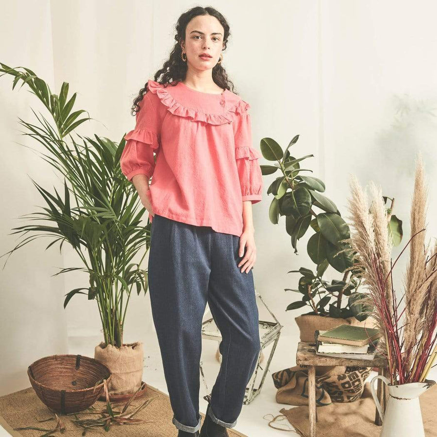 Pink Textured Frill Yoke Blouse
